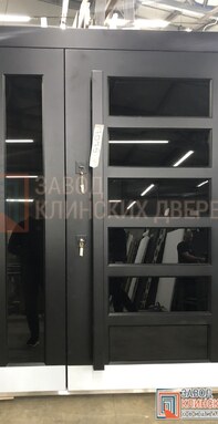 современная двухстворчатая входная дверь с горизонтальными полосками черного зеркального остекления.