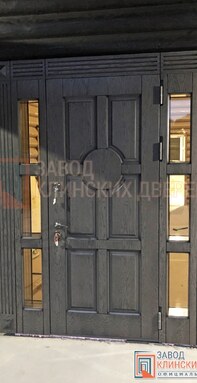 широкая двухстворчатая входная дверь с боковыми окнами и круглым геометрическим узором - фото снаруж